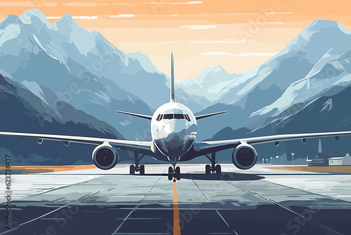 A commercial airplane Takes off at night on an airport runway with the city in the background and a beautiful sky, 3D illustration.