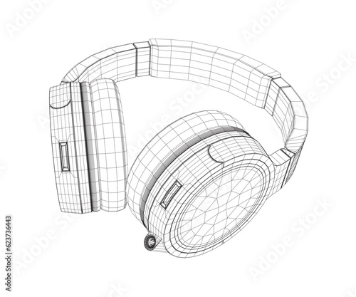 Vector illustration of a black and white wireframe headphones on a white background. Drawn with lines vector isolated of wireless wifi headphones with speaker for listening music and talking.