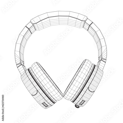 Vector illustration of a black and white wireframe headphones on a white background. Drawn with lines vector isolated of wireless wifi headphones with speaker for listening music and talking.
