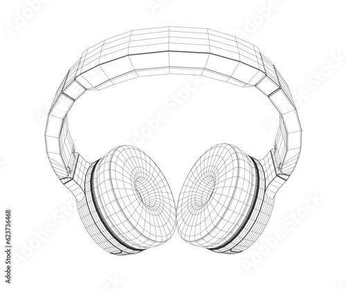 Vector illustration of a black and white wireframe headphones on a white background. Drawn with lines vector isolated of wireless wifi headphones with speaker for listening music and talking.