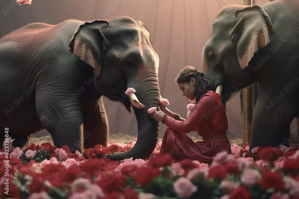 A girl with two elephants love and kindness of Buddhism - obrazy, fototapety, plakaty 