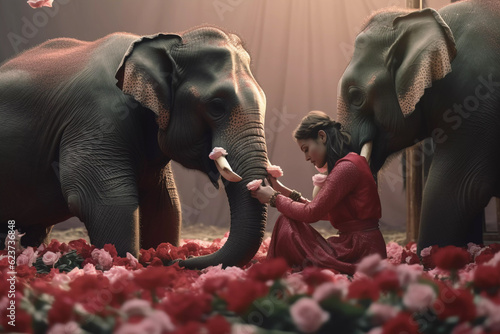 Obraz na płótnie A girl with two elephants love and kindness of Buddhism
