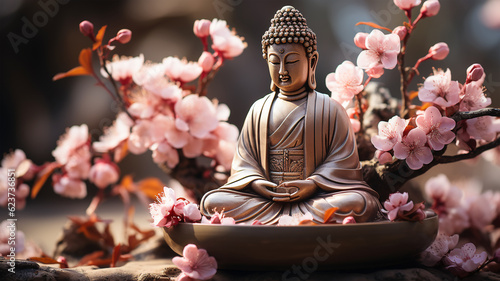 Bronze statue of Buddha in pink flowers, the concept of religion and meditation