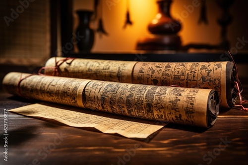 Egyptian Papyrus scrolls unrolled on a vintage wooden table © Dan