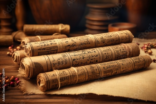 Egyptian Papyrus scrolls unrolled on a vintage wooden table