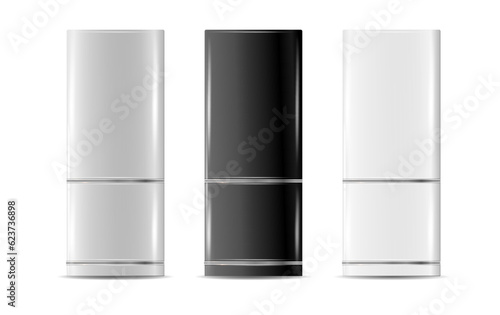 Modern fridges. Realistic silver coolers, refrigerators of different size for home or restaurant kitchen and cold products storage. Vector