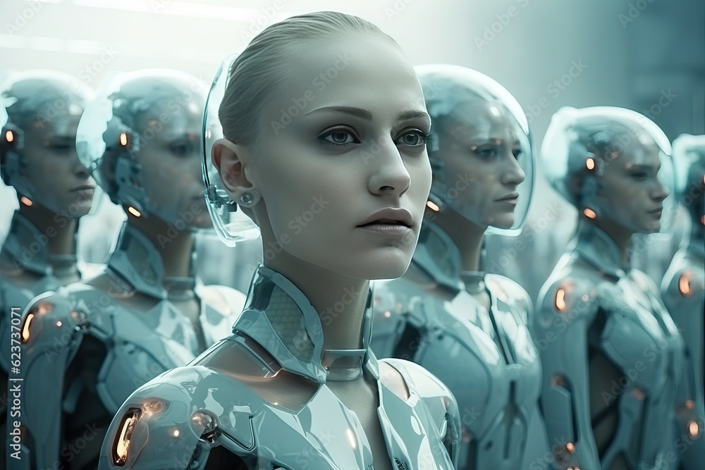 An army of cloned people. War and cloned soldiers. Replacing people with robots. Robot android with female face.