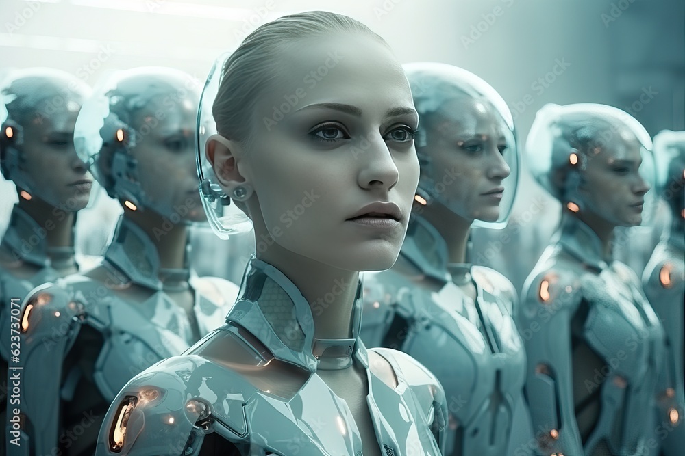 An army of cloned people. War and cloned soldiers. Replacing people with robots. Robot android with female face. An army of cloned people. War and cloned soldiers. Replacing people with robots. Robot android with female face.