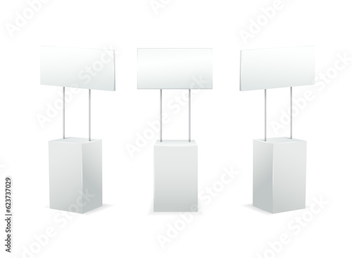 Advertising promotional stands. Realistic modern simple rack or counters multiple promotional desk with sign top clean empty promo tables with signboard white mockup. Vector