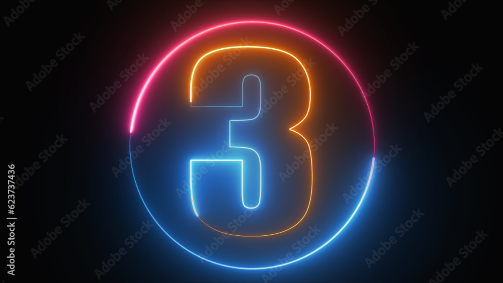 Neon text 3 with neon circle, number three glowing in the dark, pink blue neon light, number three, the best digital symbol, 3d render, Education concept. Neon text 3 with neon circle, number three glowing in the dark, pink blue neon light, number three, the best digital symbol, 3d render, Education concept.