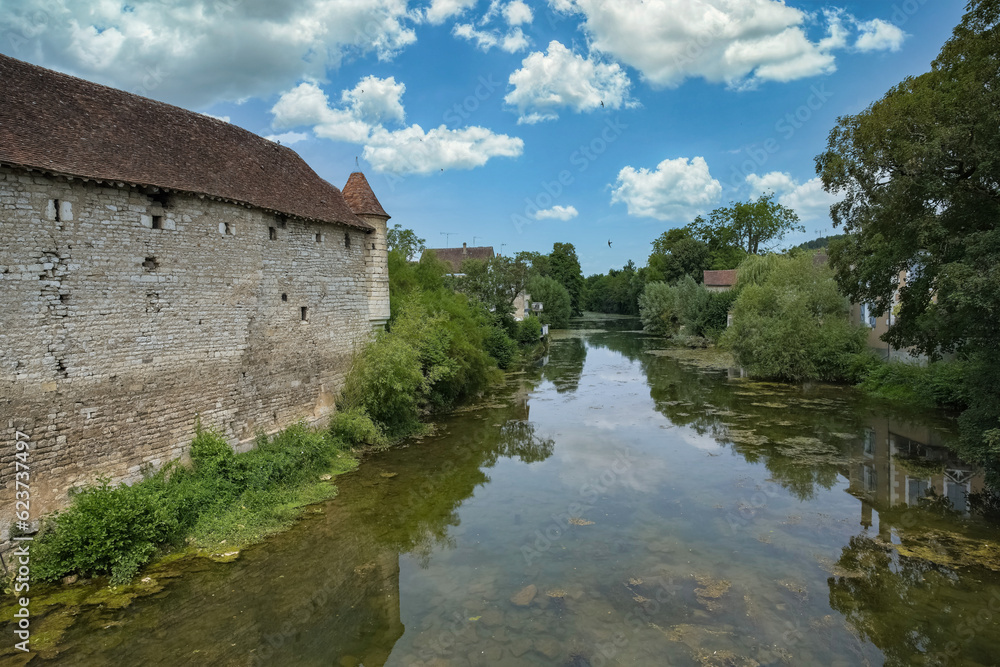 Chablis, small city in Burgundy, typical houses on the river
