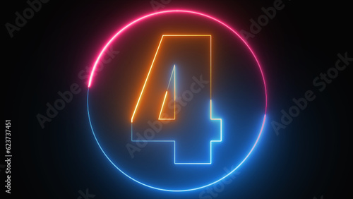 Neon text 4 with neon circle, number four glowing in the dark, pink blue neon light, number four, the best digital symbol, 3d render, Education concept.