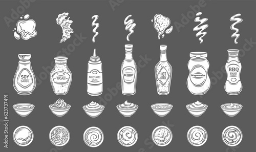 Sauces glyph icon vector illustration. White stamps of sweet and spicy various sauces collection isolated on black, bottles and cups of soy and hot chili dip, BBQ and mayo, mustard and ketchup splash