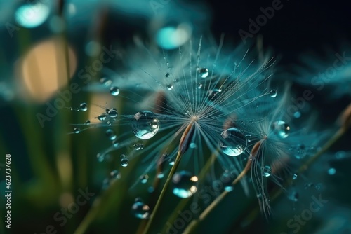 Beautiful dandelion in droplets of water on blue and turquoise background. Drops of dew sparkle on dandelion in rays of light. Ai generative.