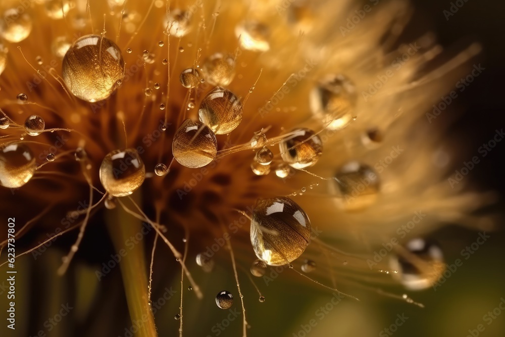 Close up water drops on dandelion seed in nature in yellow and gold tones. Ai generative. Close up water drops on dandelion seed in nature in yellow and gold tones. Ai generative.