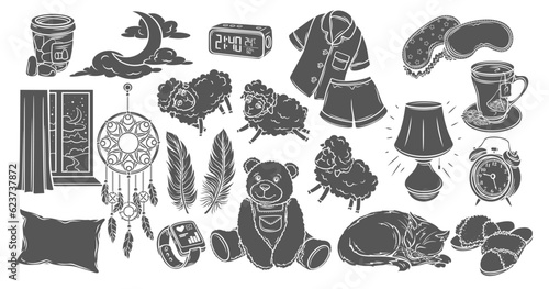 Healthy sleep glyph icons set vector illustration. Stamps of good night elements, time to sleep collection with window of bedroom and pillow, alarm clock and masks, sheep and sleepy cat, lamp