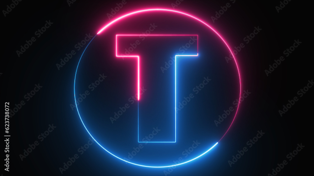 Neon Letter T with neon circle, Neon alphabet T glowing in the dark, pink blue neon light, Shine text T, the best digital symbol, 3d render, Education concept. Neon Letter T with neon circle, Neon alphabet T glowing in the dark, pink blue neon light, Shine text T, the best digital symbol, 3d render, Education concept.