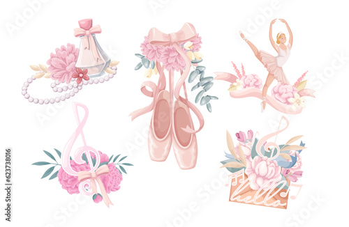 Ballet dance and flowers set vector illustration. Cartoon isolated beauty ballet style collection with dancing ballerina in pink tutu and pointes, ribbons and perfume bottle, envelope with floral gift