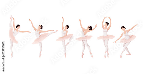 Ballerina dancing set vector illustration. Cartoon isolated beautiful female ballet dancers characters dance to music in ballroom, classic postures and movement collection of adorable prima ballerina