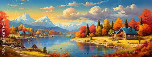  painting style illustration banner wallpaper, beautiful Autumn rural countryside wetland landscape, Generative Ai