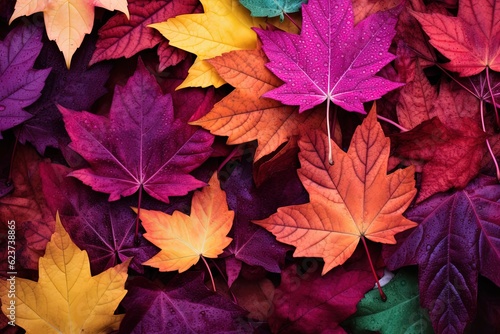 color of autumn  colorful falled leaves on stack on ground  Maple leaf abstract background  Generaitve Ai