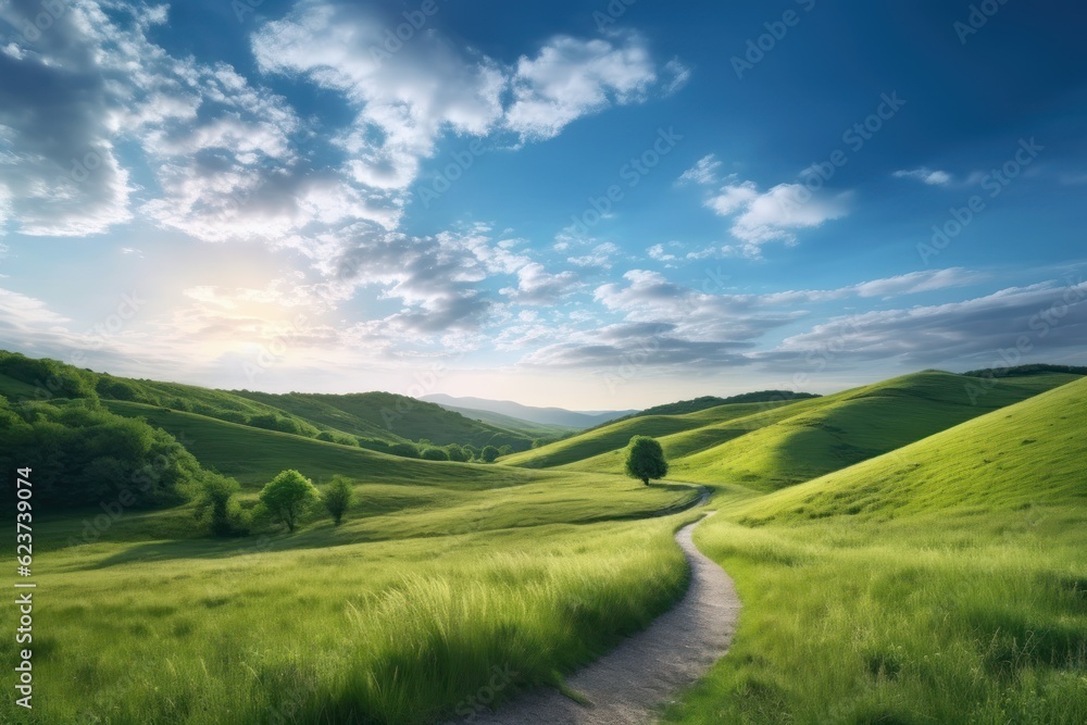 Serene Morning Walk on a Winding Path through a Green Hillside