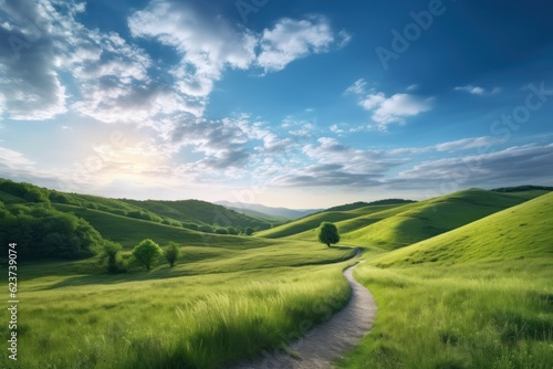 Serene Morning Walk on a Winding Path through a Green Hillside