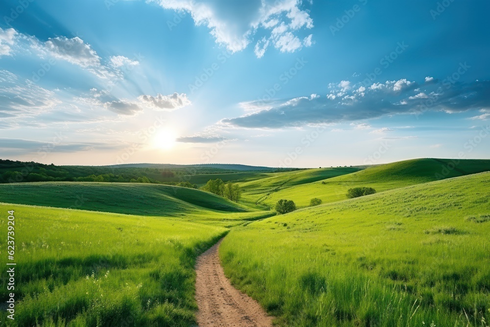 Serene Morning Walk on a Winding Path through a Lush Green Hillside