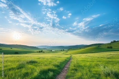 Serene Morning Walk on a Winding Path through a Green Hillside