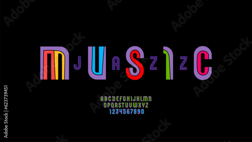 Playful font, trendy colorful alphabet, letters (A, B, C, D, E, F, G, H, I, J, K, L, M, N, O, P, Q, R, S, T, U, V, W, X, Y, Z and numerals (0, 1, 2, 3, 4, 5, 6, 7, 8, 9), vector illustration 10eps