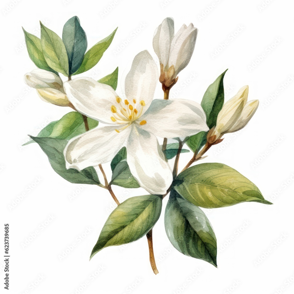 Realistic Watercolor Clipart of Jasmin Flower on White Background