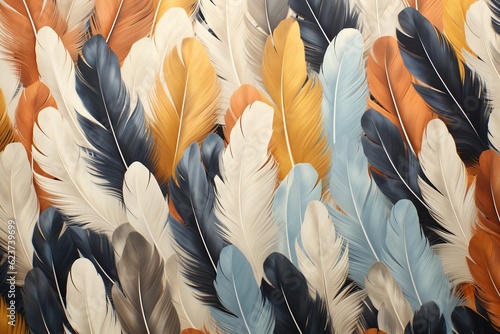 Feathers arranged in geometric pattern on a flat surface
