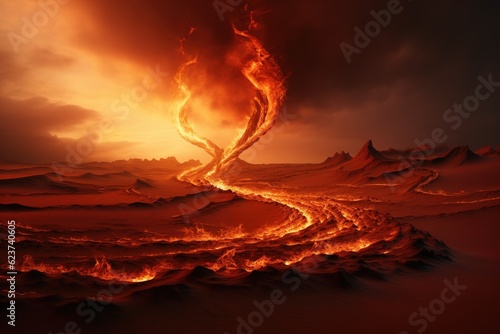 Fire tornado swirling in a desolate desert landscape