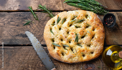 Italian traditional focaccia bread baking with aromatic seasonings and rosemary on old wooden rustic table background. Top view. photo