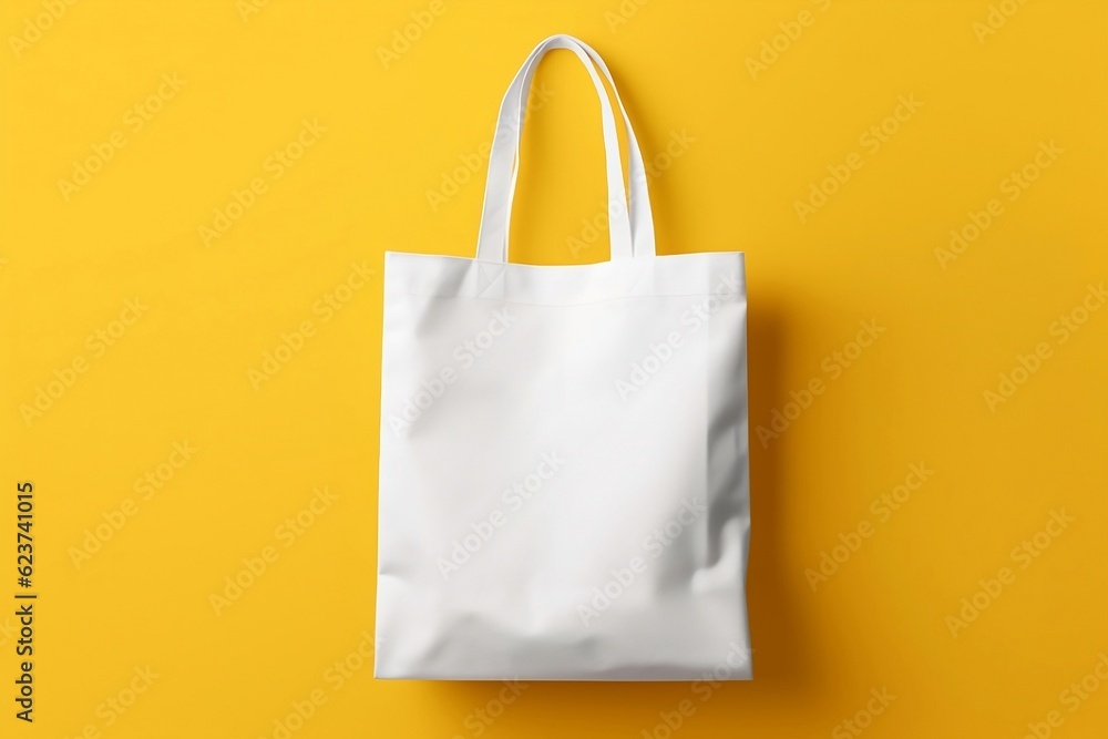 Blank white fabric bag mockup, yellow background Blank white fabric bag mockup, yellow background