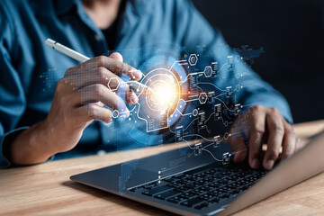 Data analysis of ai artificial intelligence process with technology processor to planning business information data, tech, network corporate concept.