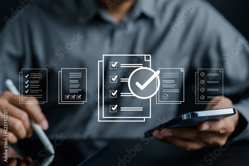 Obraz na plátně Document Management Checking System, online documentation database and process manage files, Magnifier check and focus to document folder, documentation