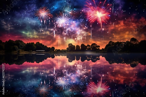 Firework display reflected in the surface of a tranquil lake