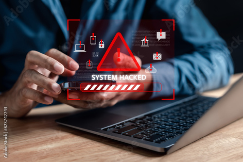 Fotografie, Obraz Alert System hacked popup on screen, spam virus with warning caution for notification on internet security protect, code and cyber security and phishing spyware and compromised information