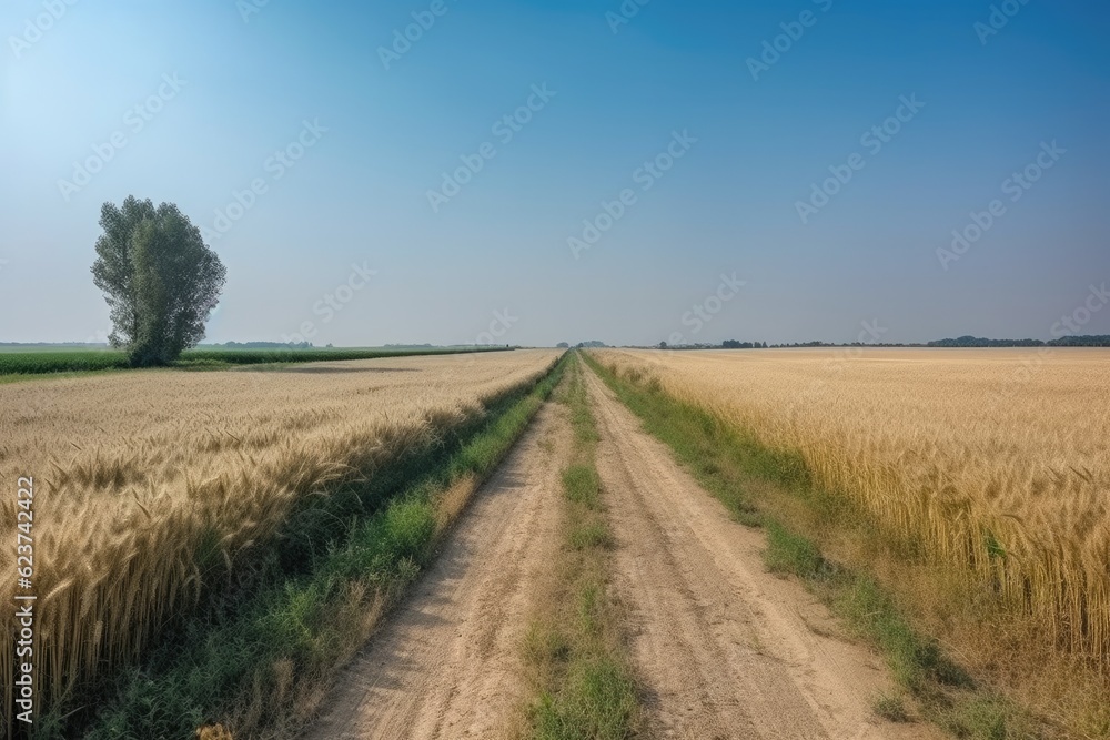 Landscape in countryside with a wide field of cereals and a pasture divided by a deserted road against a blue summer sky. Ai generative.