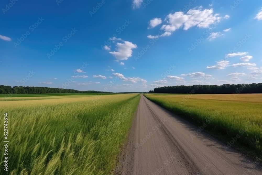 Landscape in countryside with a wide field of cereals and a pasture divided by a deserted road against a blue summer sky. Ai generative. Landscape in countryside with a wide field of cereals and a pasture divided by a deserted road against a blue summer sky. Ai generative.