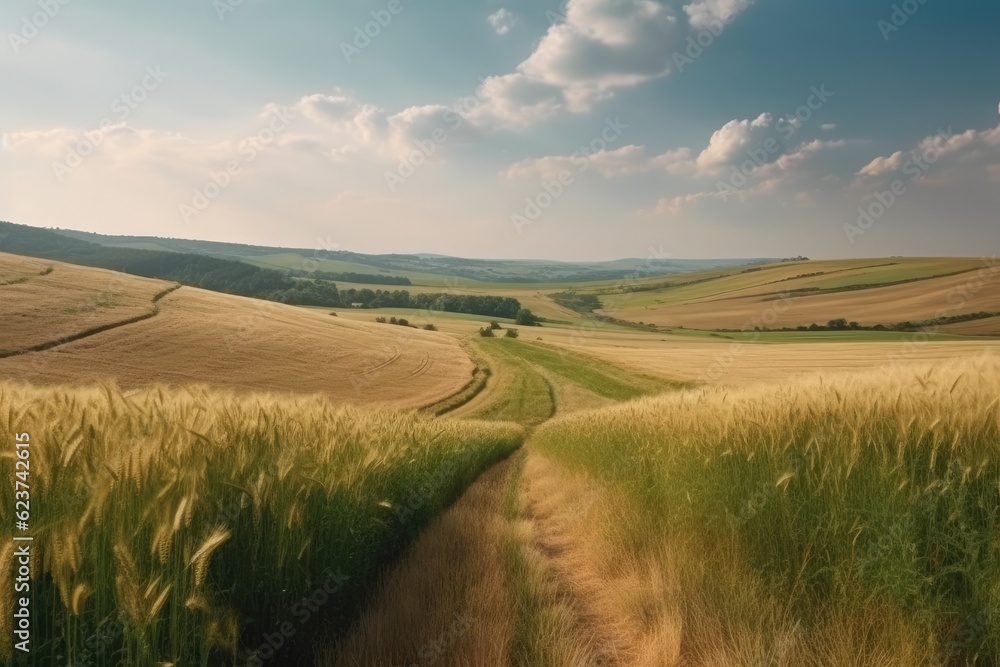 Fototapeta premium Landscape in countryside with a wide field of cereals and a pasture divided by a deserted road against a blue summer sky. Ai generative.
