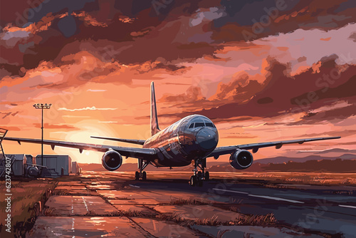 A commercial airplane Takes off at night on an airport runway with the city in the background and a beautiful sky, 3D illustration.