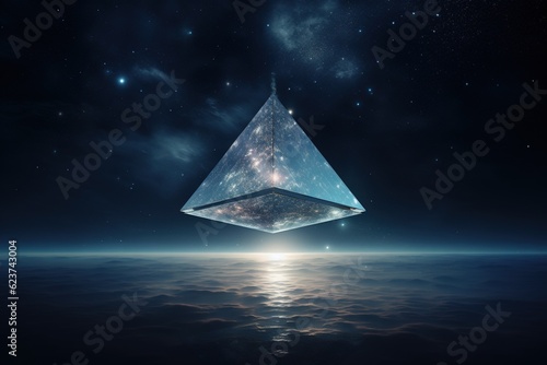 Floating crystal pyramid in zero gravity against a starlit sky