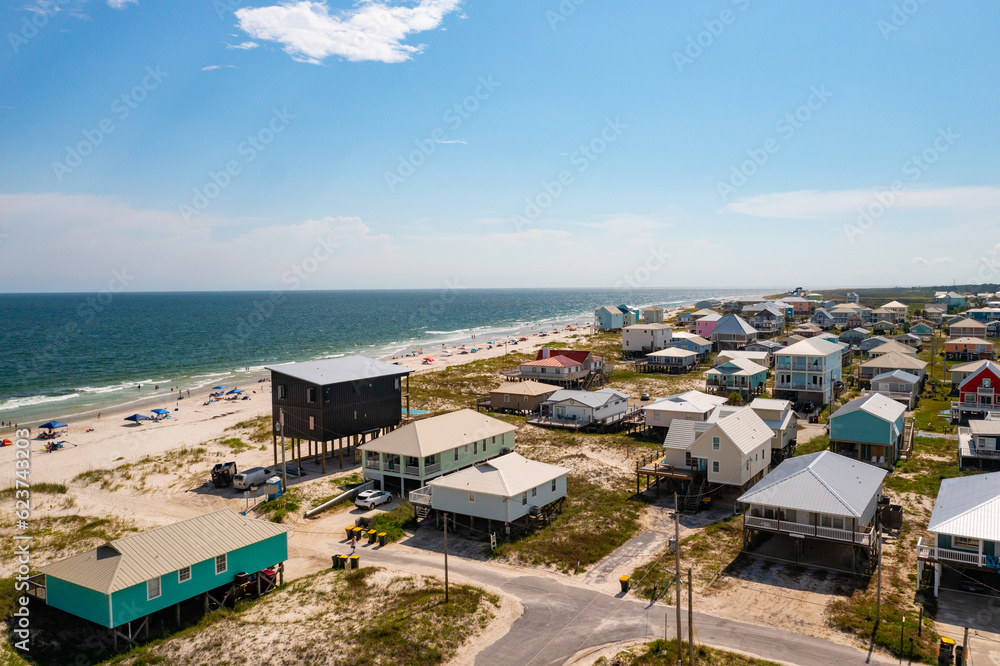 Colourful beachfront homes on Gulf of Mexico in Alabama