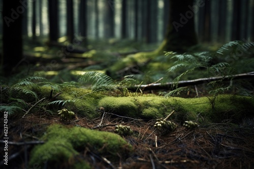 Freshly fallen pine needles on a rich, mossy forest floor