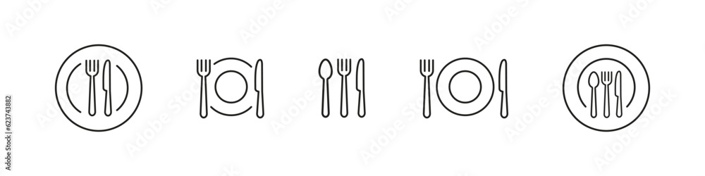 Food icon. Fork knife spoon sign set. Plate symbol. Breakfast lunch dinner icon. Menu sign. Cafe icon set. - obrazy, fototapety, plakaty 