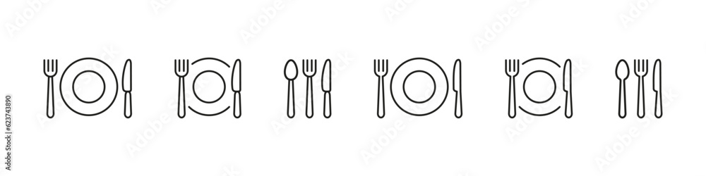 Food icon. Fork knife spoon sign set. Plate symbol. Breakfast lunch dinner icon. Menu sign. Cafe icon set. Food icon. Fork knife spoon sign set. Plate symbol. Breakfast lunch dinner icon. Menu sign. Cafe icon set.