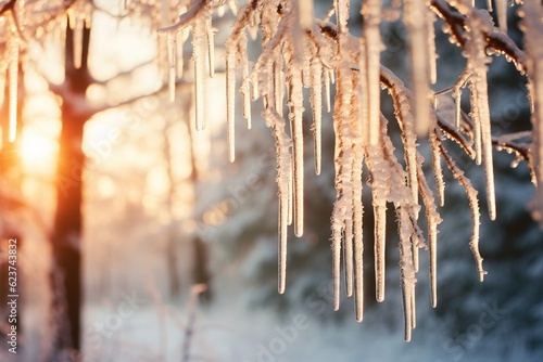 Frozen winter scene: icicles hanging from a pine branch, dusted by fresh snow