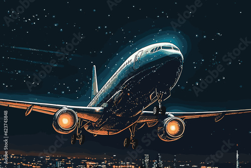 A commercial airplane Takes off at night on an airport runway with the city in the background and a beautiful sky, 3D illustration.